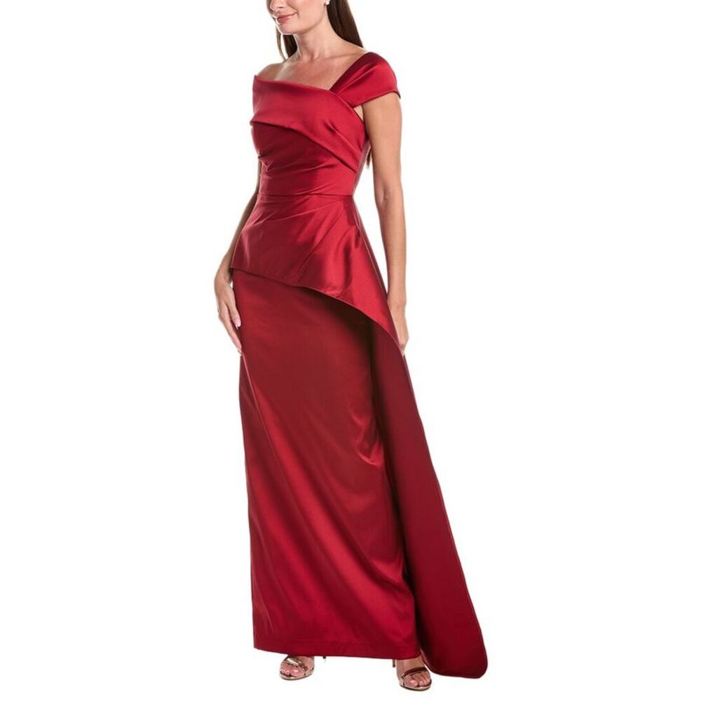 Teri Jon By Rickie Freeman Womens Stretch Gazar Asymmetrical Neck Ruched Peplum